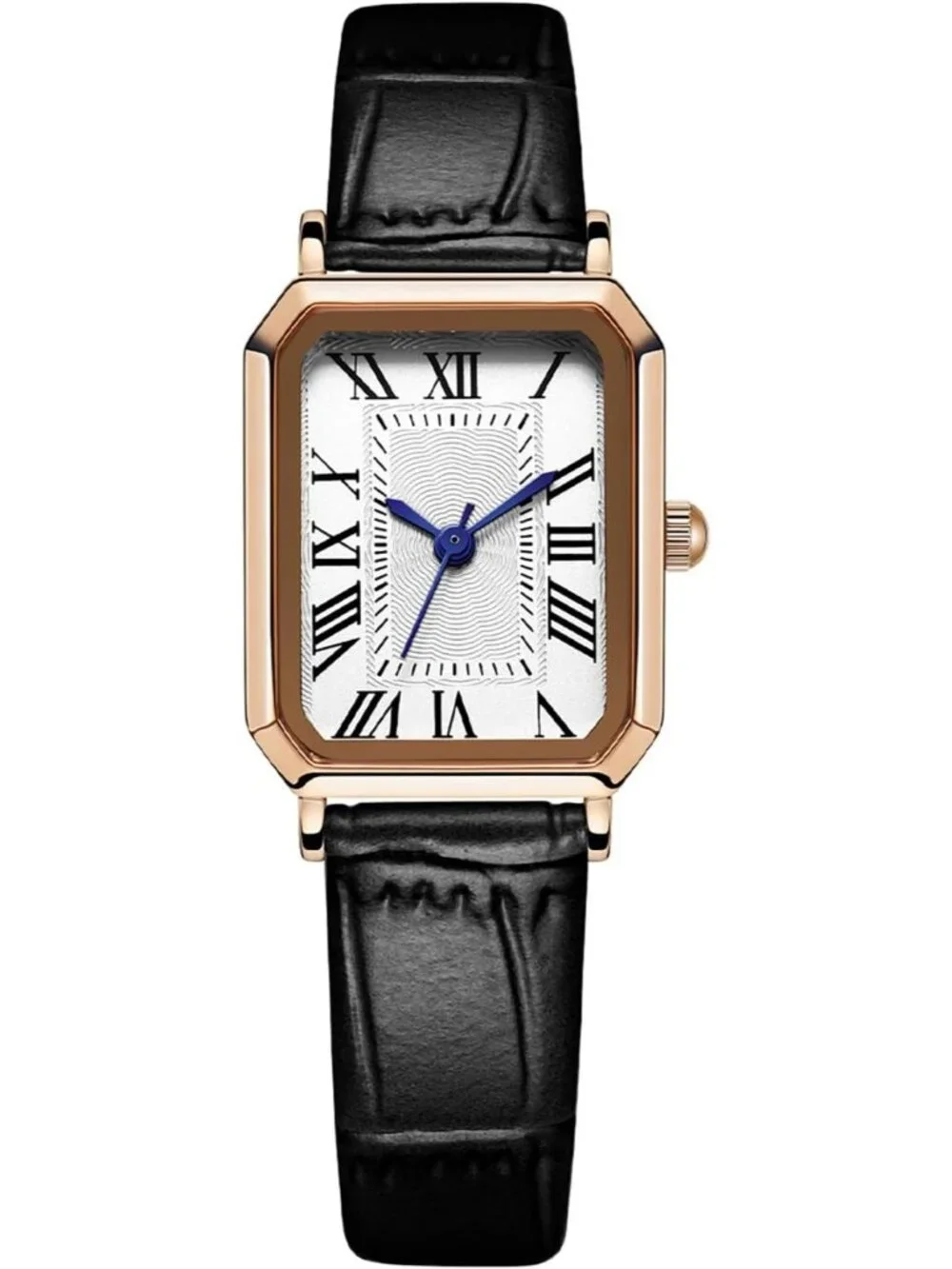 Women's Black Rose Gold White Leather Strap Elegant Vintage Rectangle Wristwatch